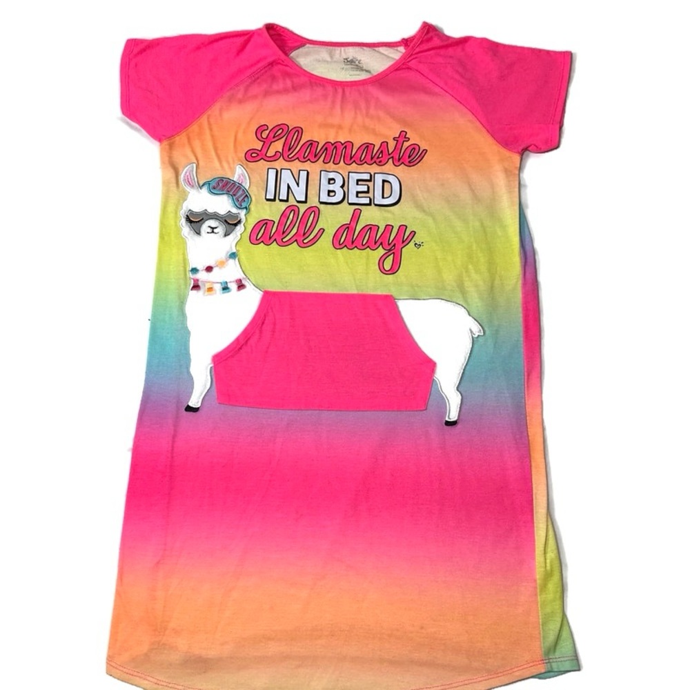 Justice‎ Girls 14/16 Sleep Shirt Rainbow Ombre Llama Front Pocket Llamaste GUC